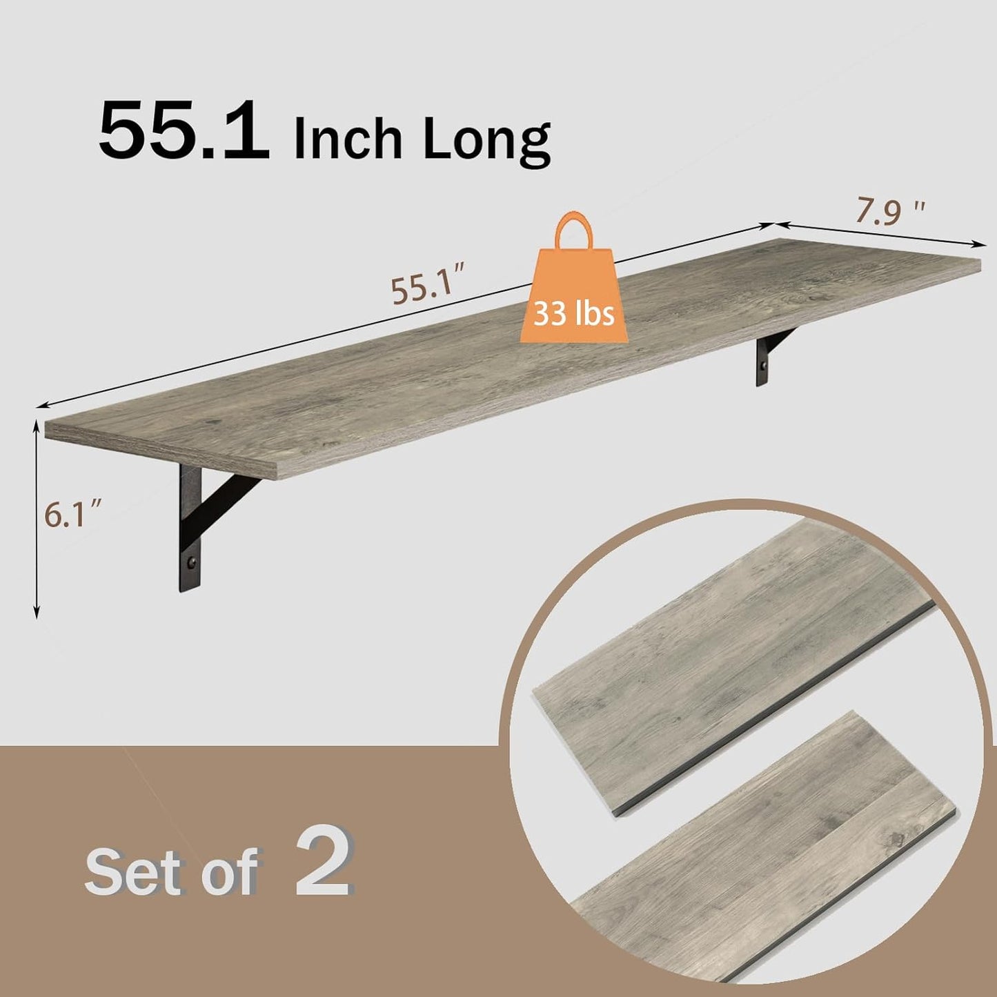 DINZI LVJ Long Wall Shelves, 55.1Inch Wall Mounted Shelves Set of 2, Extra Large Floating Storage
