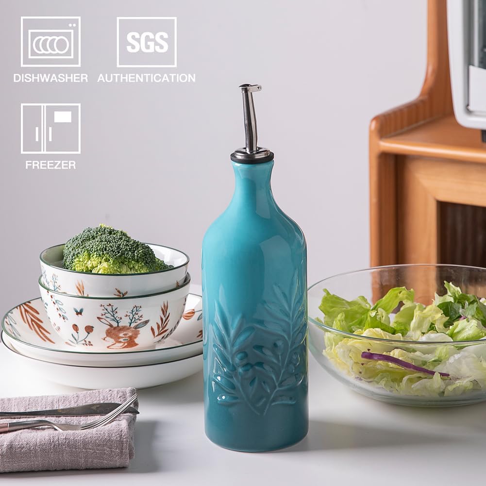 Sweejar Ceramic Olive Oil Dispenser Bottle, 20 Oz Relief Design EVOO Oil and Vinegar Dispensing