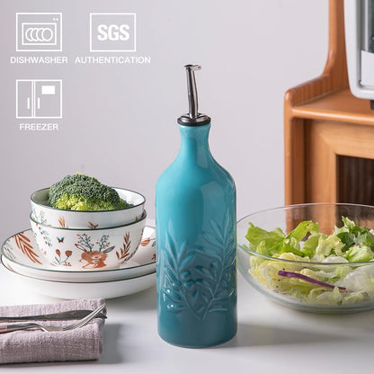 Sweejar Ceramic Olive Oil Dispenser Bottle, 20 Oz Relief Design EVOO Oil and Vinegar Dispensing