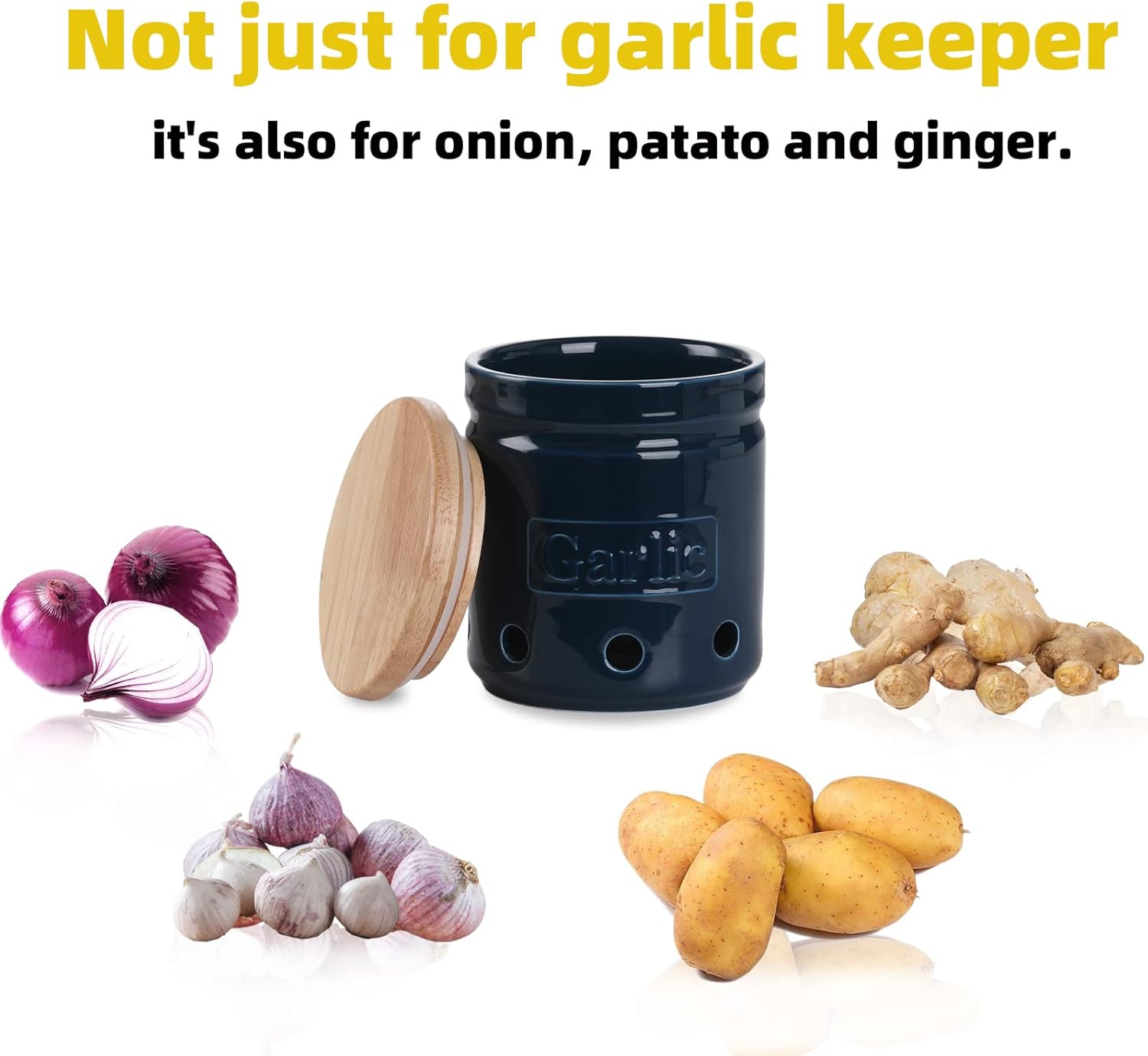 Large Garlic Keeper with Wooden Lid, Ceramic Garlic Holder Storage, Garlic Container for Kitchen