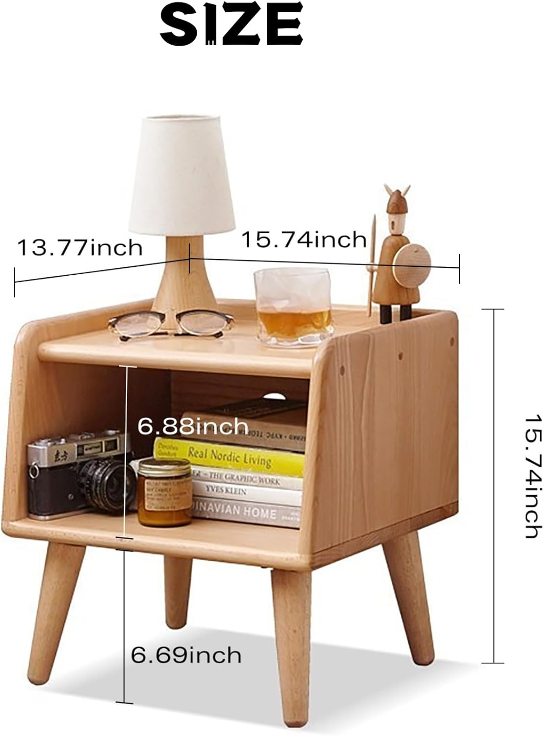 Small Nightstand, 100% Solid Oak Wood Bedside Table, Mid Century Modern Nightstand with Open
