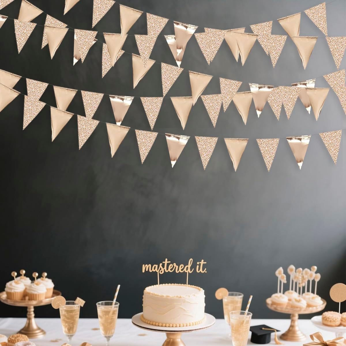 30Ft Champagne Gold Party Decorations Triangle Pennant Banner Gold Hanging Paper Flag Bunting for