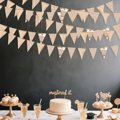 30Ft Champagne Gold Party Decorations Triangle Pennant Banner Gold Hanging Paper Flag Bunting for