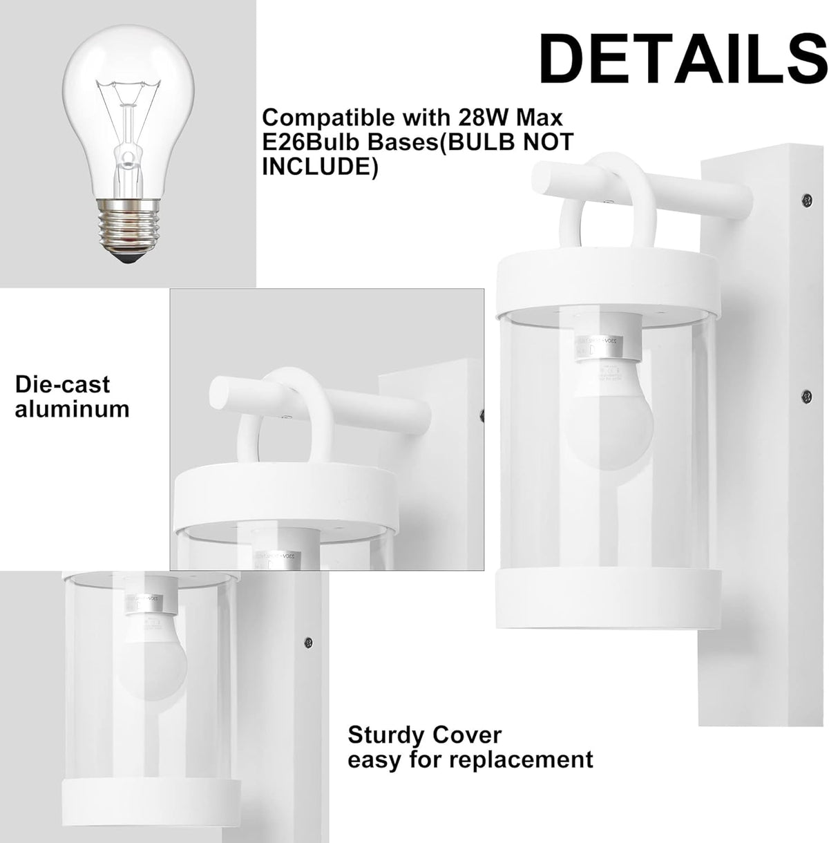 Porch Light White Dusk to Dawn Outdoor Wall Light,13in Large Exterior Lighting Fixture for House