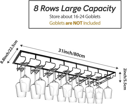 Xverycan Wine Glass Rack Under Cabinet, 8 Row Extreme Large Stemware Hanger, Metal Wine Goblet