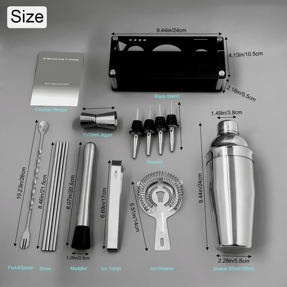 14-Piece Cocktail Shaker Set Bartender Kit with Black Stand, Bar Tool Set for Drink Mixing