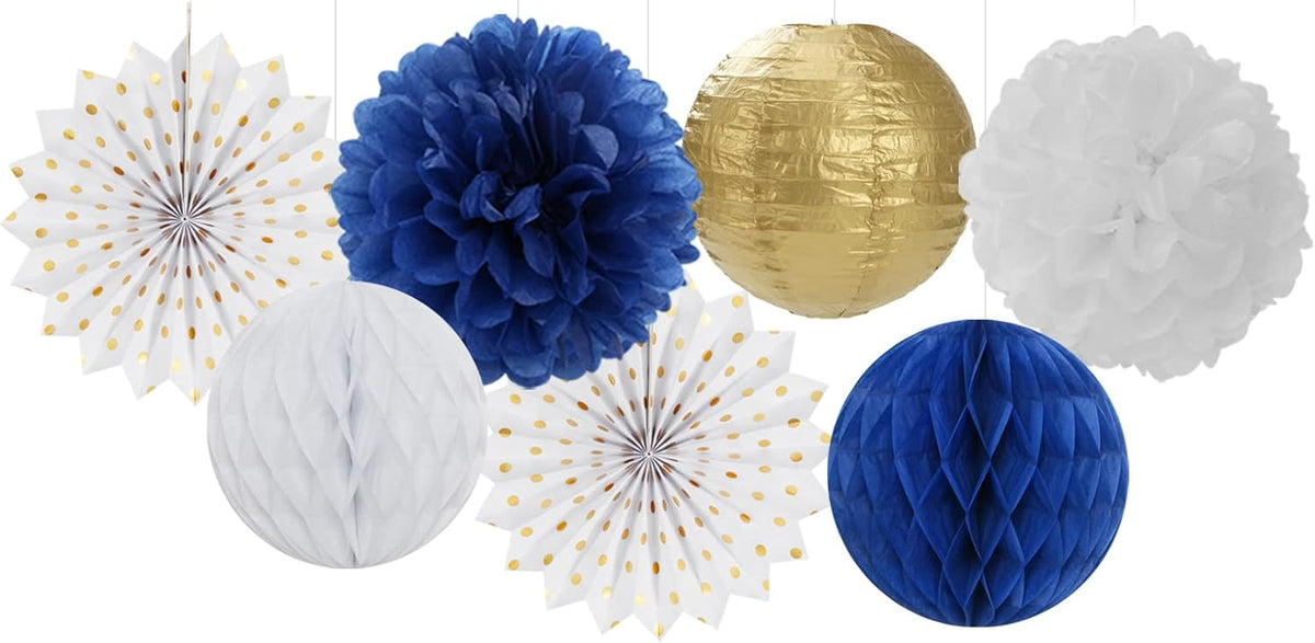 Navy-Blue White Gold Party Decorations - 14pcs Kits Paper Lanterns Fan,Tissue Flower Pom Poms