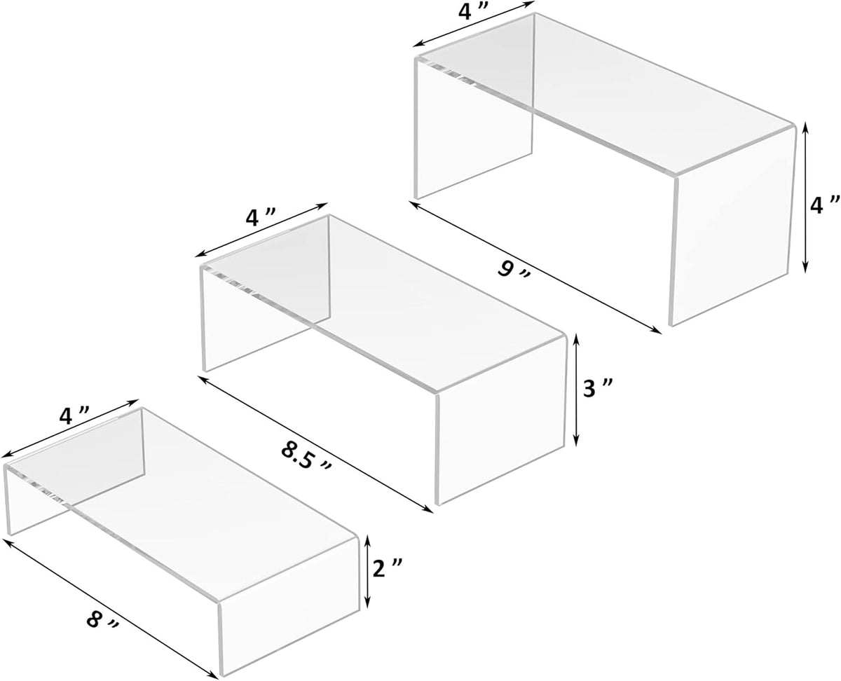 Clear Riser Shelf 3pcs, Desktop Rectangular Acrylic Display Shelves Organizer, Acrylic Stands for