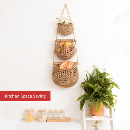 Hanging Fruit Basket, 3 Tier Woven Jute Wall Hanging Basket for Organizing, Hanging Produce Basket