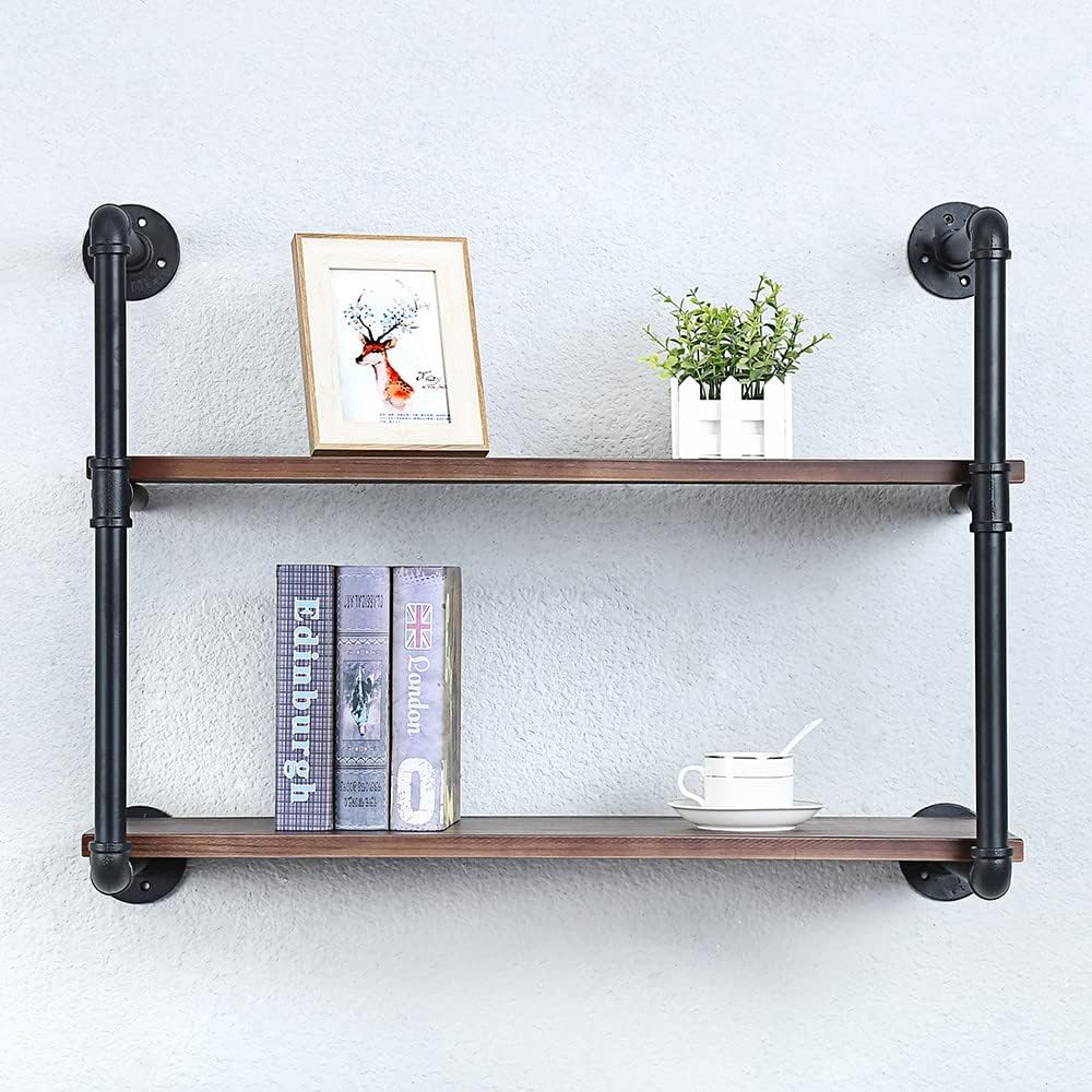 Industrial Pipe Shelving Wall Mounted,30in Rustic Metal Floating Shelves,Steampunk Real Wood Book