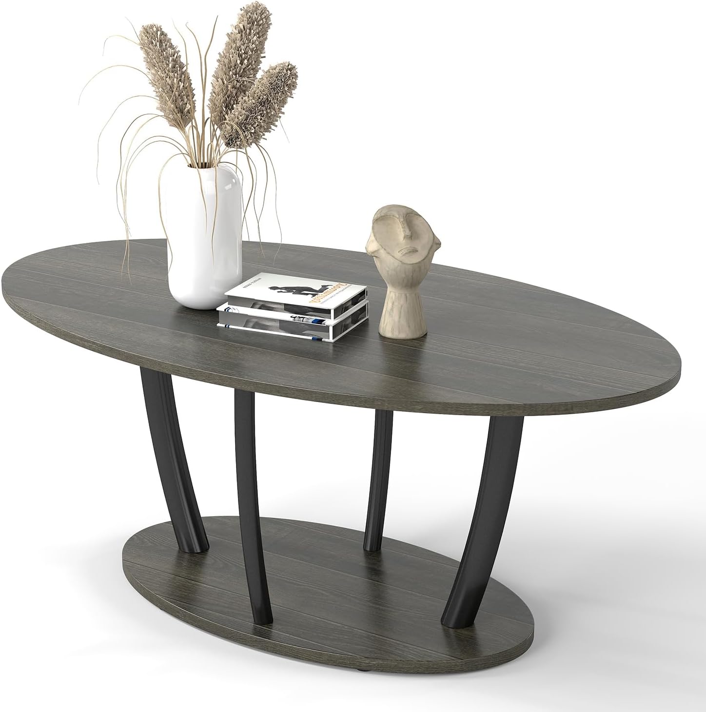 Manora Small Oval Coffee Table with Storage, Rustic Farmhouse Industrial Center Table for Living