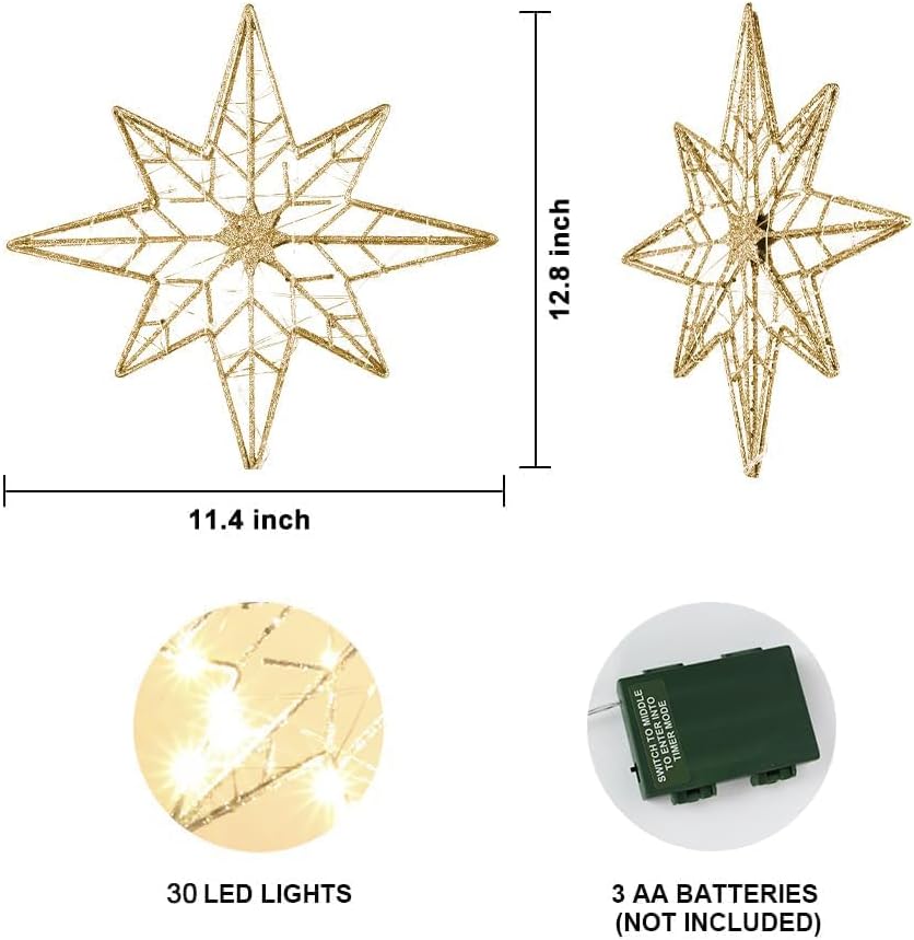 hogardeck Christmas Tree Topper, 11 Inches Lighted Gold Glittered 8-Point Star Tree Topper, 30 LED