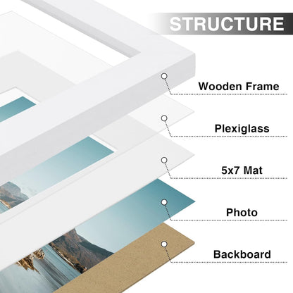 Vittanly 8x10 Picture Frames Set of 9, Shatter Resistant Plexiglass, Display 5x7 Pictures with Mat