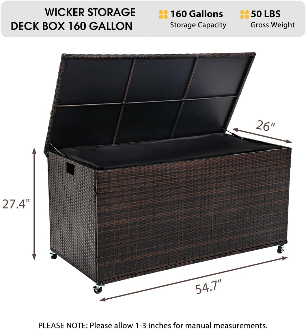 Outdoor 170 Gallon Water-Resistant Wicker Storage Box with Wheels, PE Rattan Deck Box with