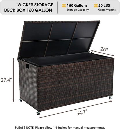 Outdoor 170 Gallon Water-Resistant Wicker Storage Box with Wheels, PE Rattan Deck Box with