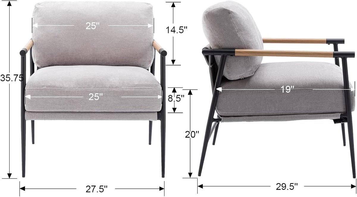 Mid-Century Accent Chair Set of 2, Soft Armchair Chenille Fabric Lounge Chair with Black Metal
