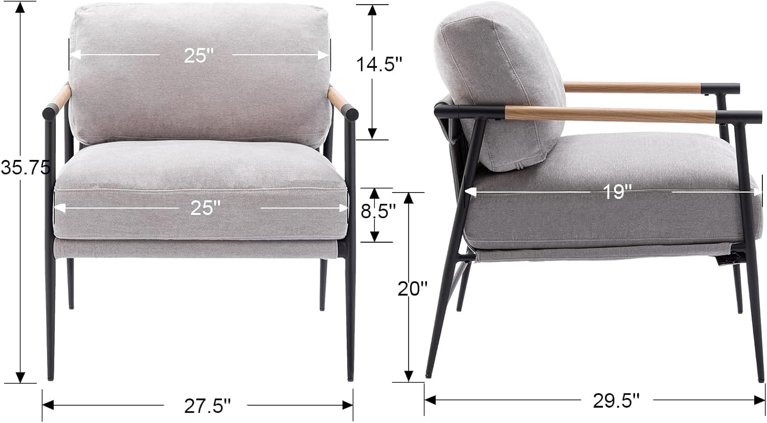 Mid-Century Accent Chair, Soft Armchair Chenille Fabric Lounge Chair with Black Metal Legs