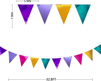 Colorful Party Decorations Hot Pink Teal Purple Metallic Fabric Triangle Pennant Banner Flag