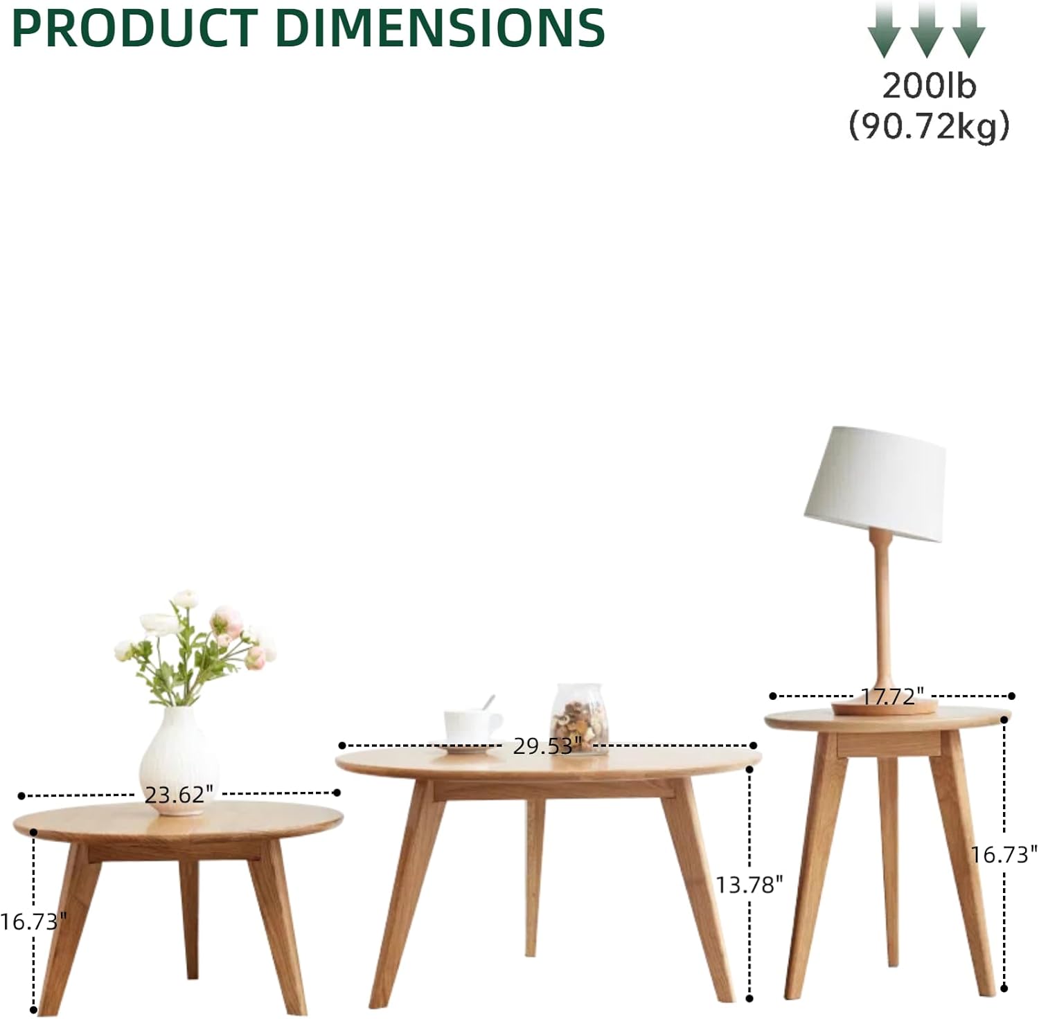 100% Solid Oak Wood Coffee Table Set, Round Coffee Table Combo Side Table w/Solid Wood Legs, Mid