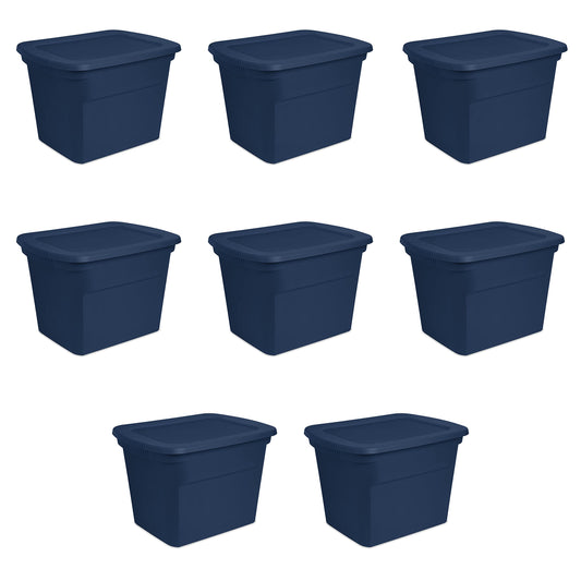 Sterilite 18 Gallon Tote, Plastic Storage Bin with Snap Lid, Blue, 8 Pack