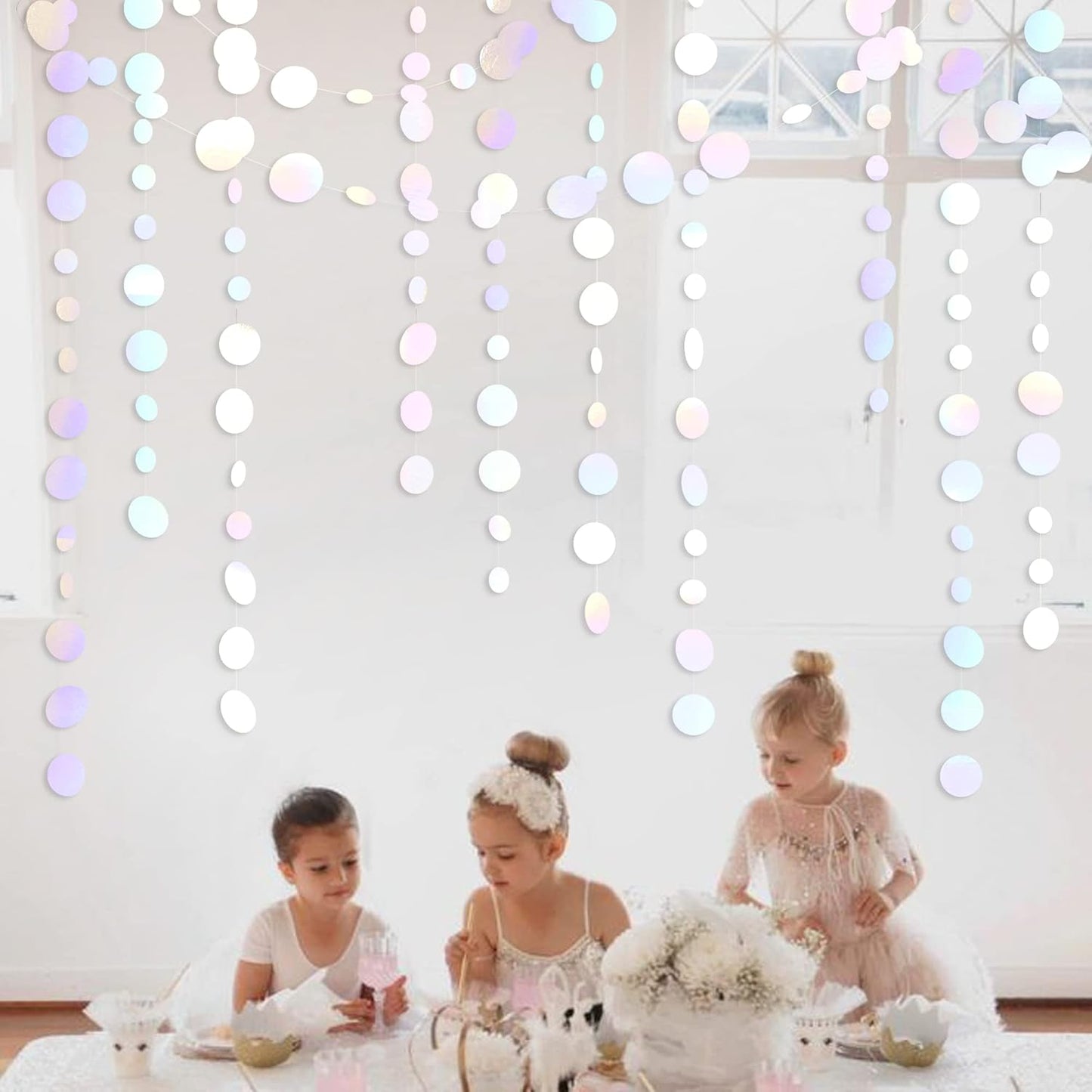 46 Ft White Iridescent Circle Dots Garland Hanging Holographic Polka Dots Streamer for Birthday