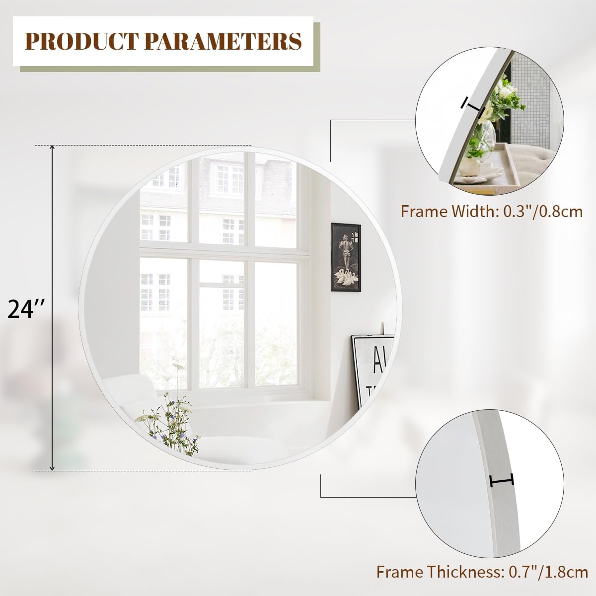BEAUTYPEAK 24 Inch Round Mirror, Metal Frame Circle Mirror, Wall Mounted for Entryway, Bathroom