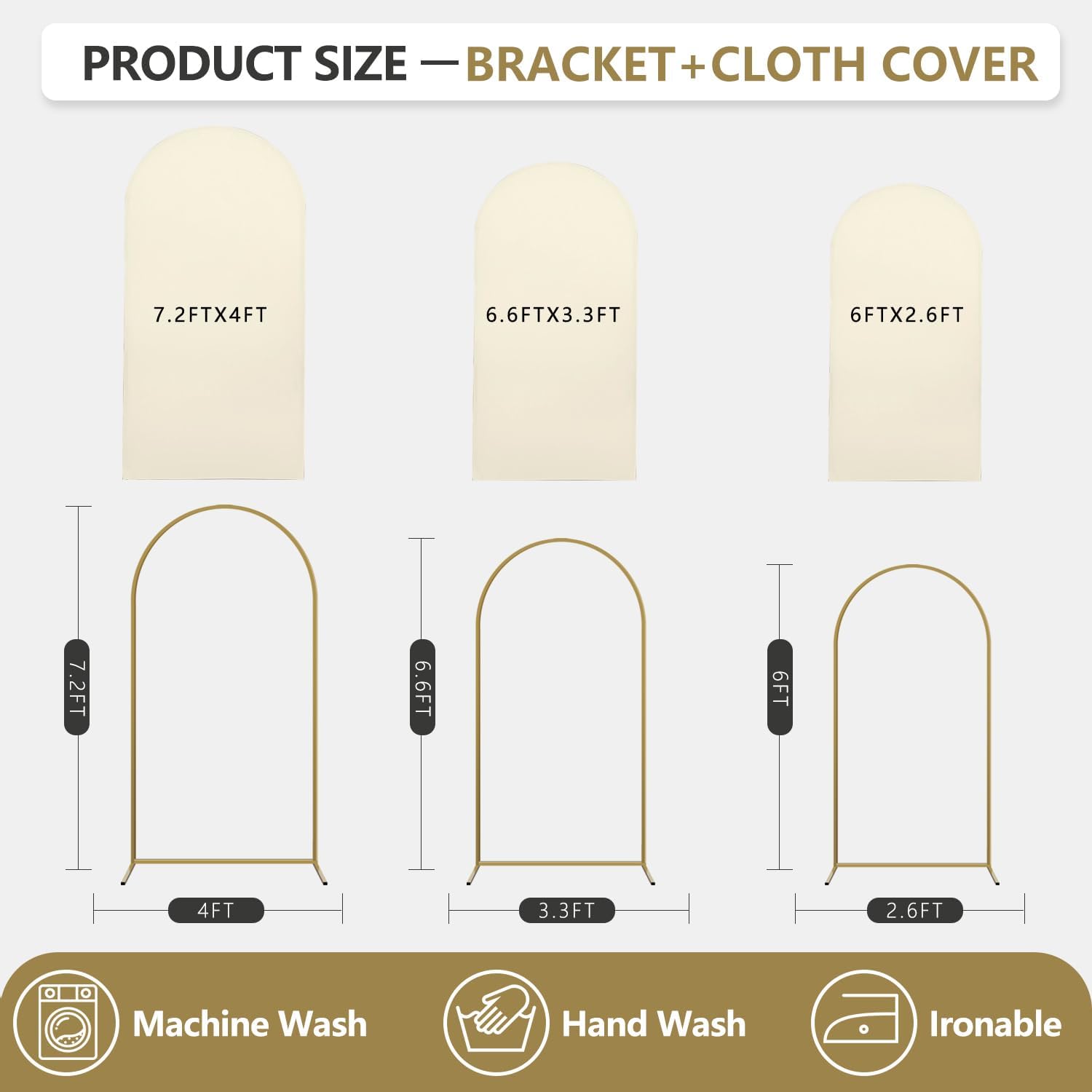 Arch Backdrop Stand and Cover Set, 3 Metal Balloon Arch Backdrop 7.2ft 6.6ft 6ft, Gold Arched Stand