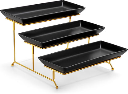 MALACASA 3 Tier Serving Trays for Party, 14 Inch Porcelain Black Trays for Serving Food, Dessert
