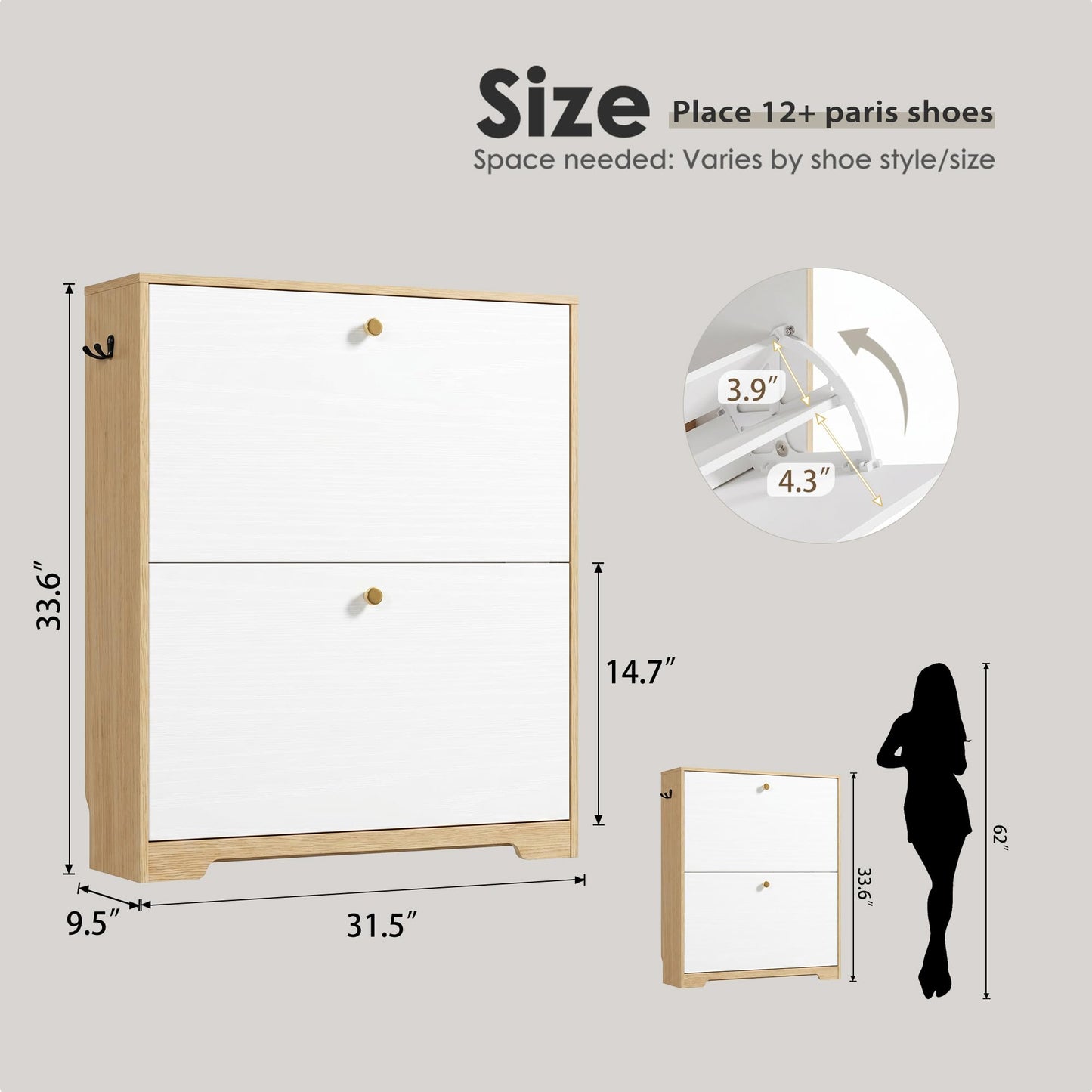 Nicetree Shoe Storage Cabinet with 2 Flip Drawers, Natural Oak and White