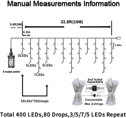 YEGUO 33ft 400 LED Icicle Lights Outdoor, 80 Drops Icicle Christmas Light Connectable, 8 Modes Warm