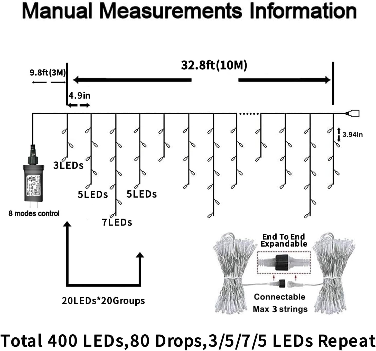 YEGUO 33ft 400 LED Icicle Lights Outdoor, 80 Drops Icicle Christmas Lights Connectable, 8 Modes