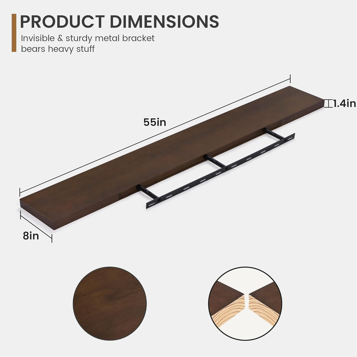 Floating Shelves 55 Inches Long - 8 Inch Deep Rustic Solid Pine Wood for Storage - Farmhouse Wall