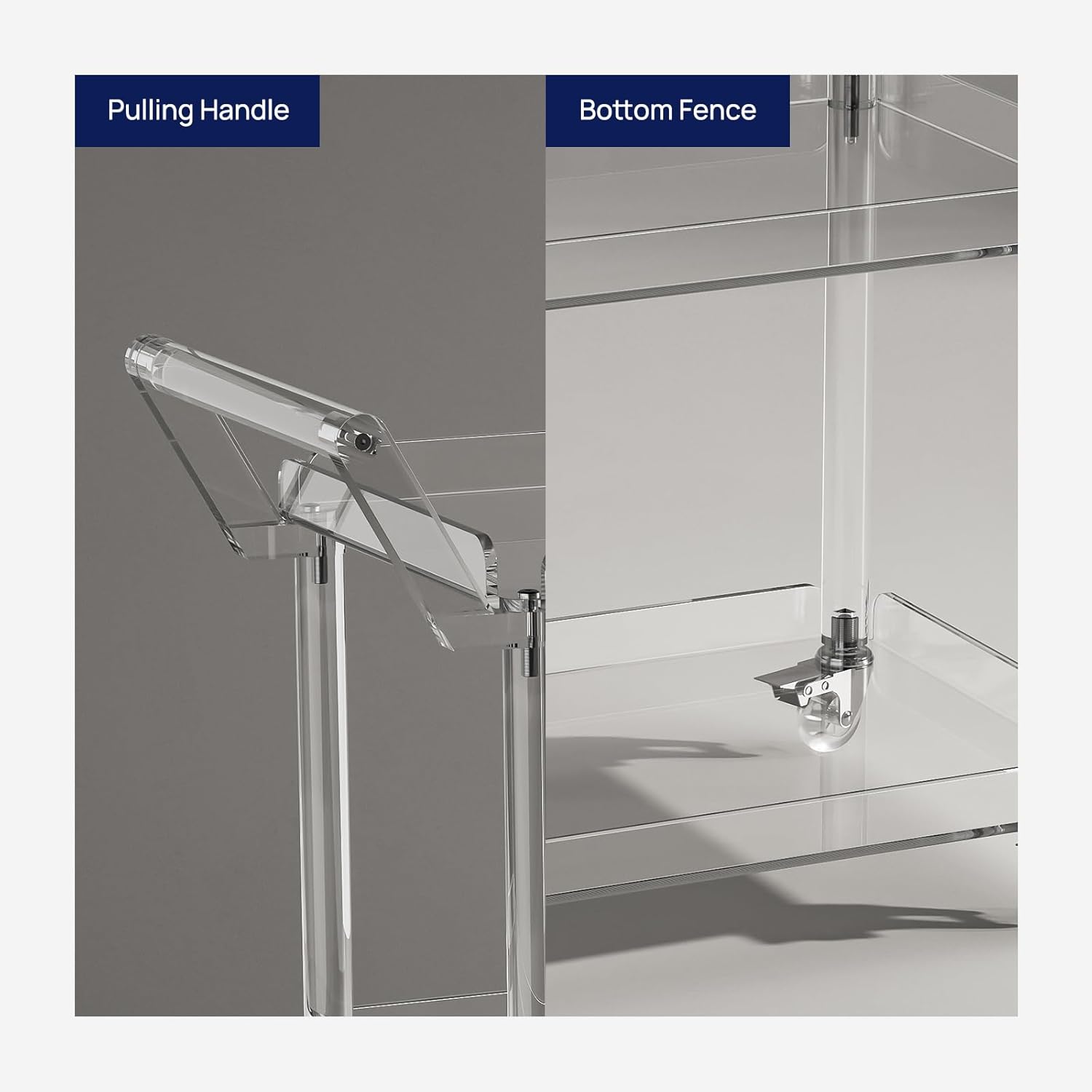 HMYHUM Acrylic Bar Cart with 4 Lockable Wheels, 30.5" L x 15.2" W x 34.5" H, Rolling Serving Cart