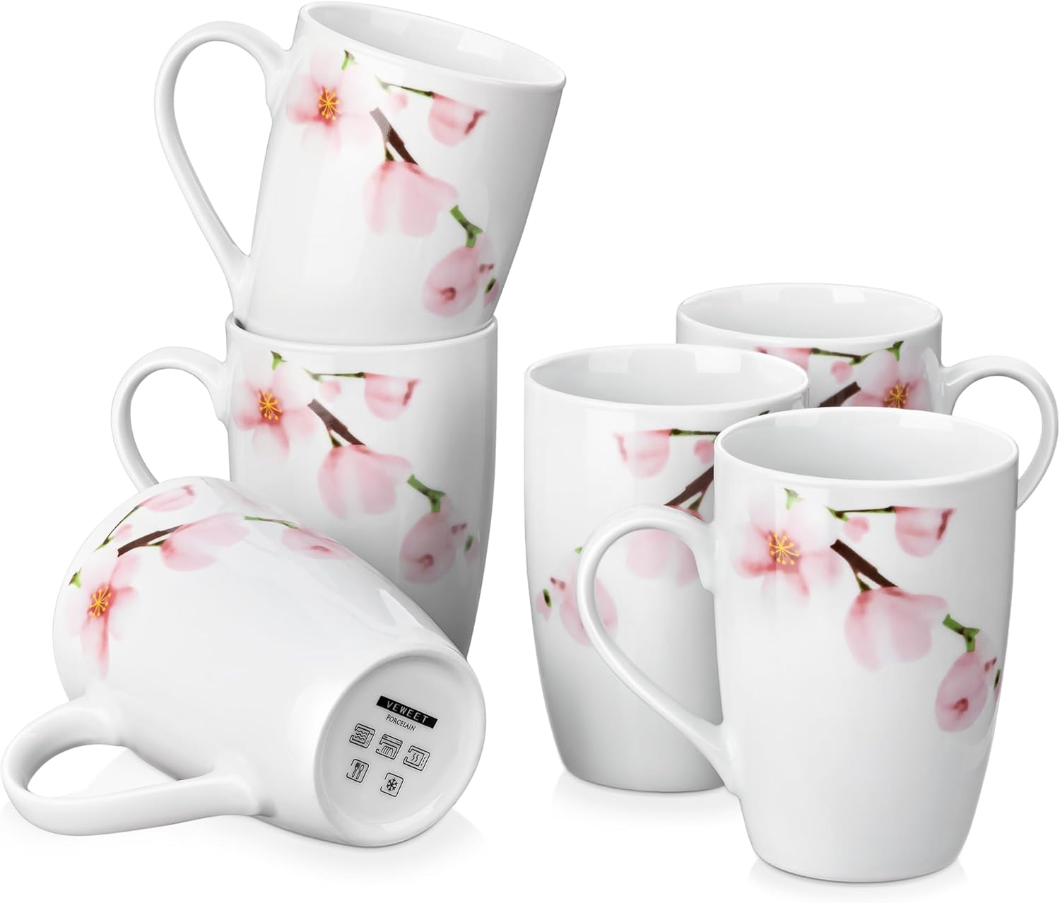 VEWEET Large Coffee Mugs Set of 6, 16 OZ Coffee Cups Set with Handle, Floral Mug Sets Ceramic Cup