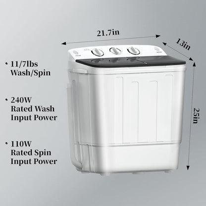 Portable Mini Twin Tub 18lbs Washing Machine With Drying Rack& 10 Hangers, 11lbs Washer & 7lbs