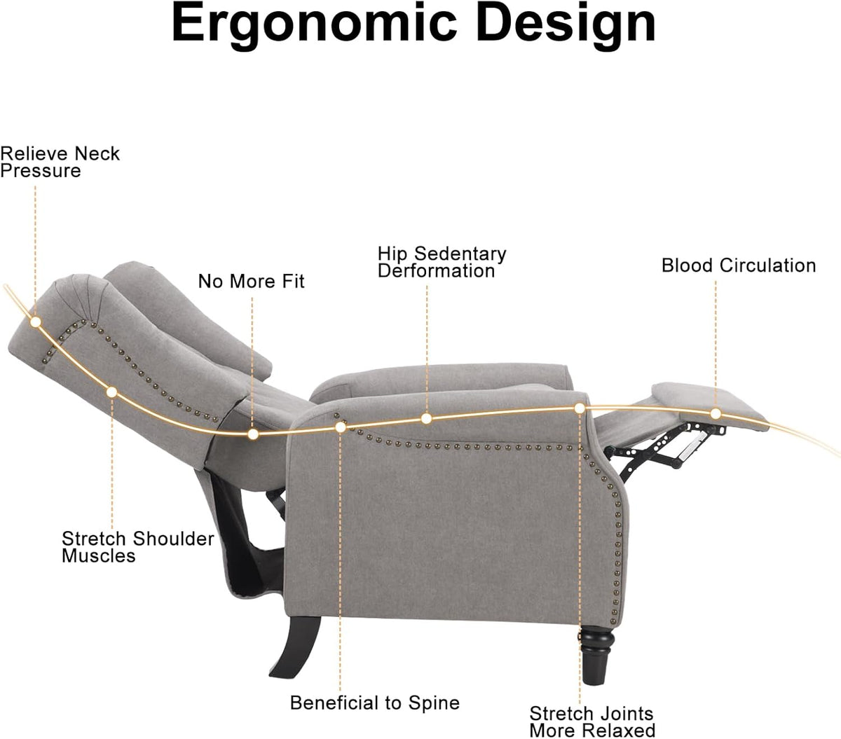 EBELLO 2 Pcs Pushback Recliner Chairs, Fabric Armchair Push Back Recliner with Rivet Decoration