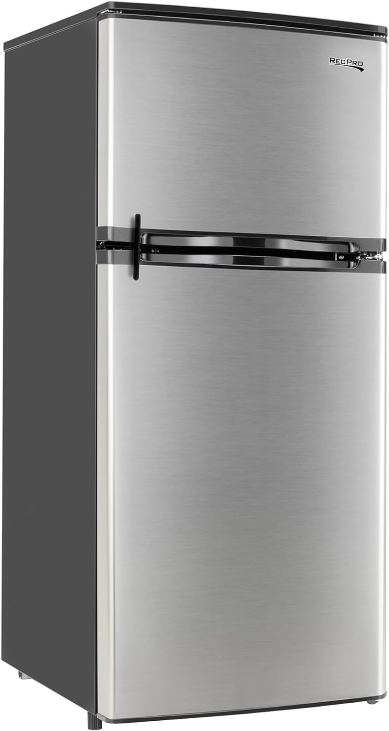 RecPro 4.4 Cu Ft RV Refrigerator | 12V Stainless Steel Fridge with Freezer | Frost-Free, Adjustable