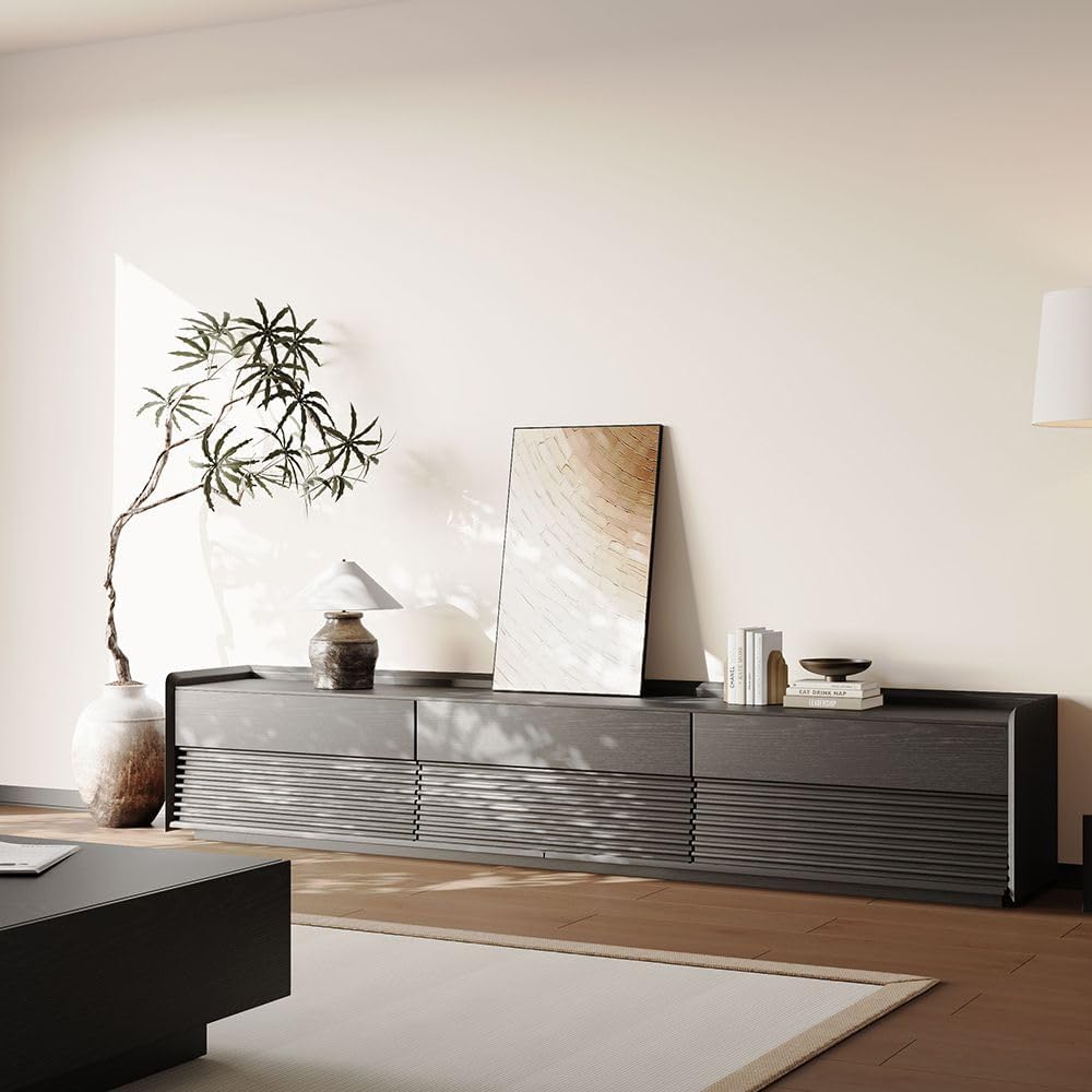 POVISON Fully-Assembled Mid Century Modern TV Stand, 94.49" Wood Media Console with Adjustable LED