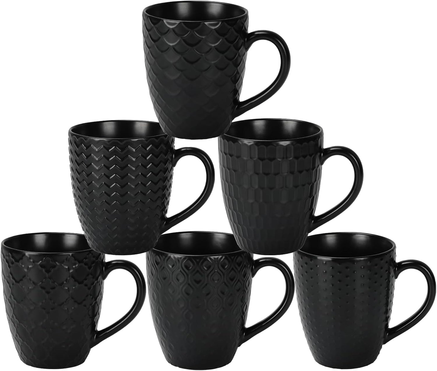 16 OZ Bone Coffee Mugs Set of 6 Matte Black, Large Ceramic Coffee Mugs Set with Different Texture