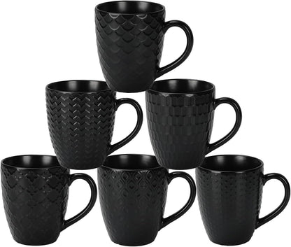 16 OZ Bone Coffee Mugs Set of 6 Matte Black, Large Ceramic Coffee Mugs Set with Different Texture
