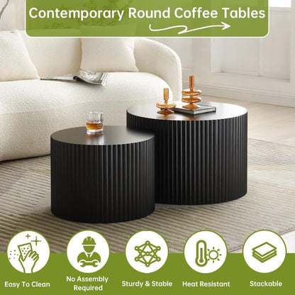 Round Nesting Coffee Table Modern Black Fluted Coffee Table Set of 2 Stripe Round Coffee Tables