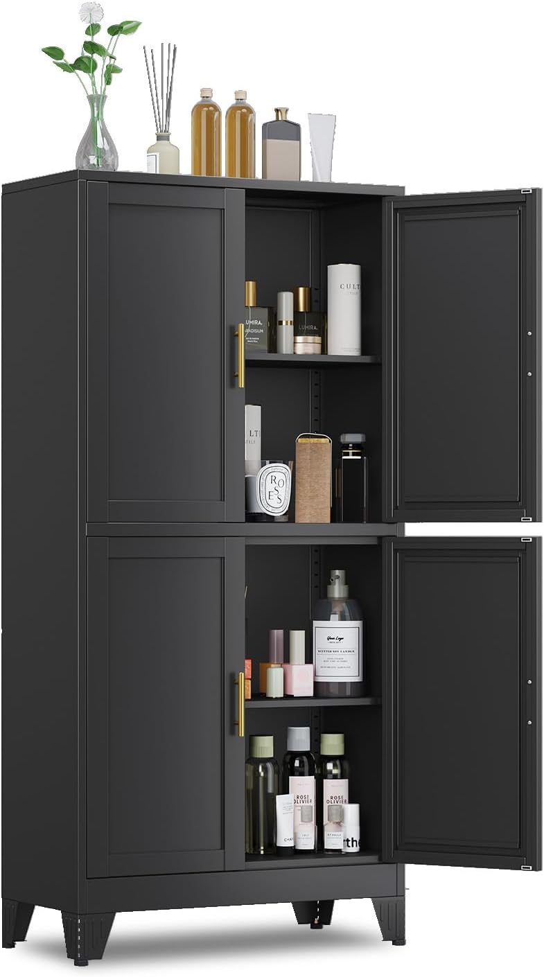 47.25" Metal Storage Cabinet, Black Kitchen Food Storage with 4 Door and 2 Adjustable Shelves