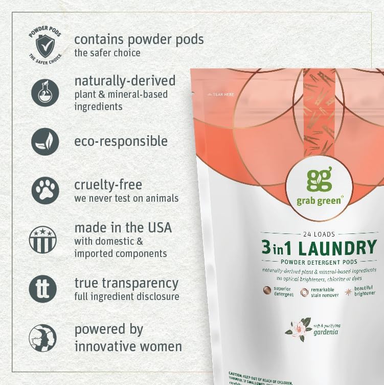 Grab Green 3-in-1 Laundry Detergent Pods, 24 Count, Gardenia Scent, Plant and Mineral Based
