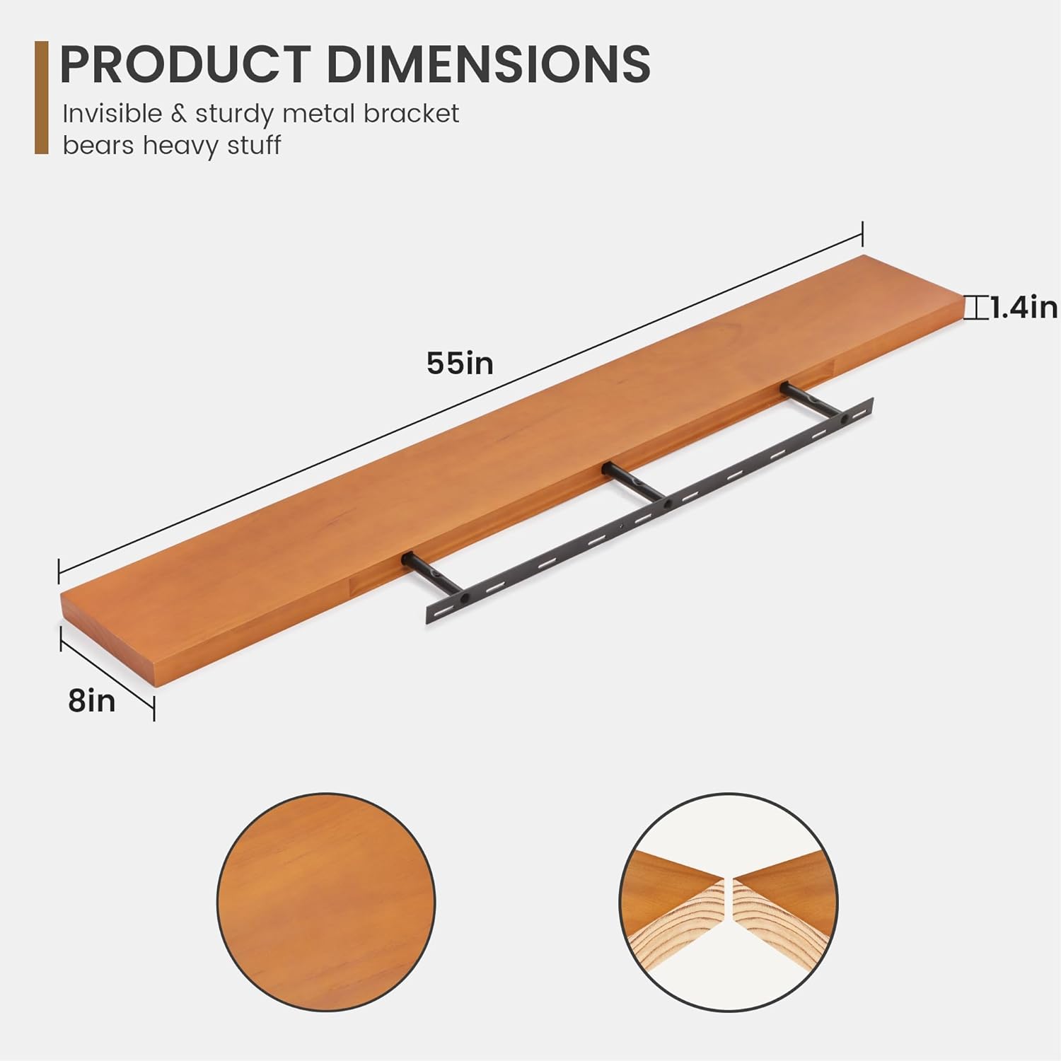 Fun Memories 55 Inches Floating Shelves - 8 Inch Deep Rustic Solid Pine Wood Wall Shelves for