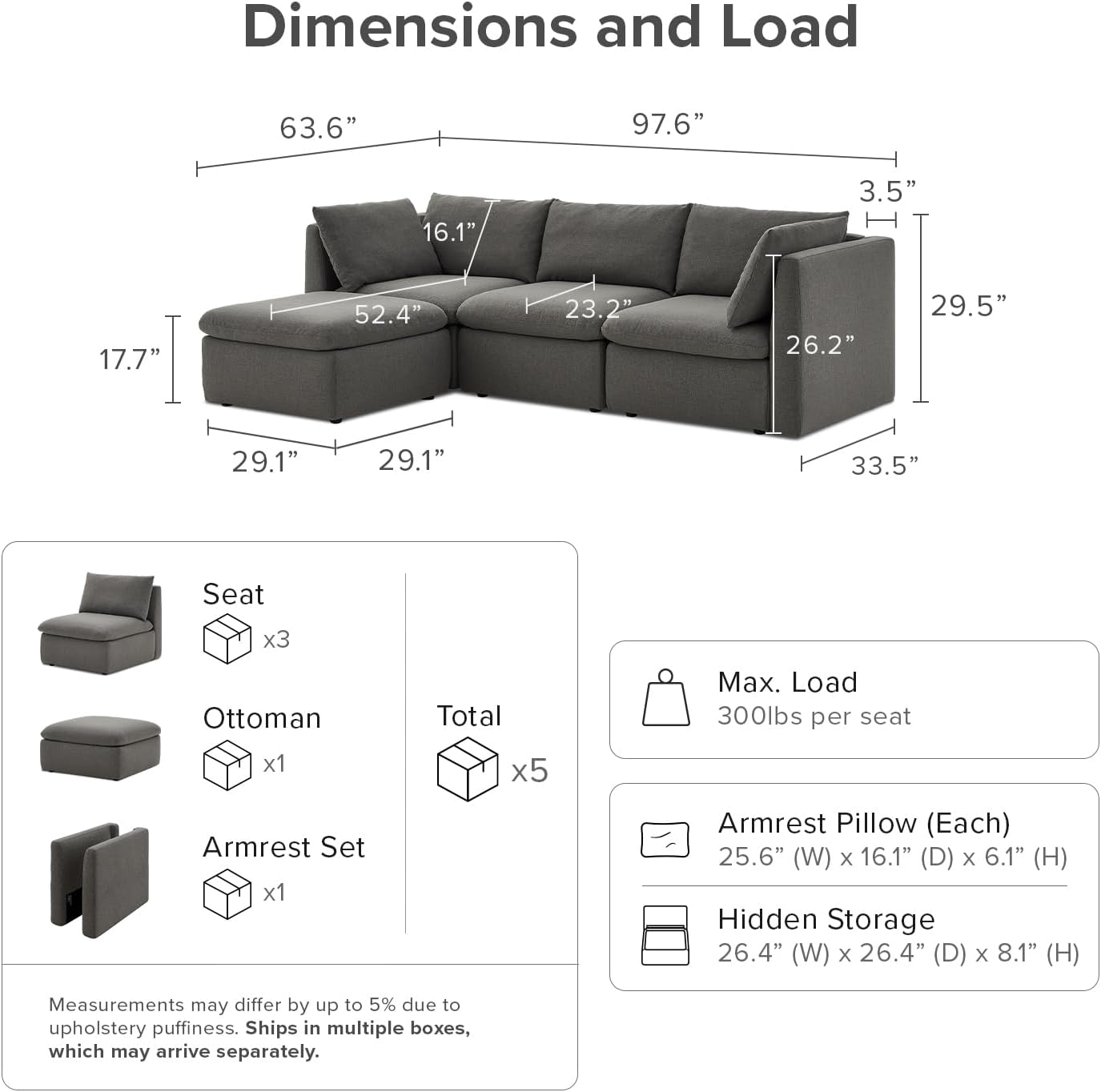 mopio Oversized Modular Sectional Sofa with Fully Removable Covers and Storage, Convertible U