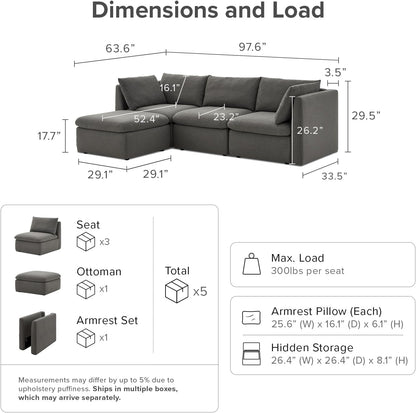 mopio Oversized Modular Sectional Sofa with Fully Removable Covers and Storage, Convertible U