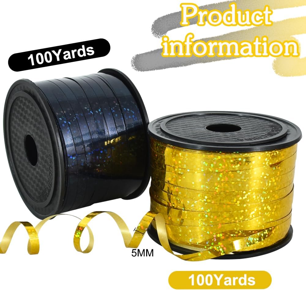 BEISHIDA 2 Pack 100 Yards Black Gold Curling Crimped Glitter Ribbon Balloon String Shiny Metallic