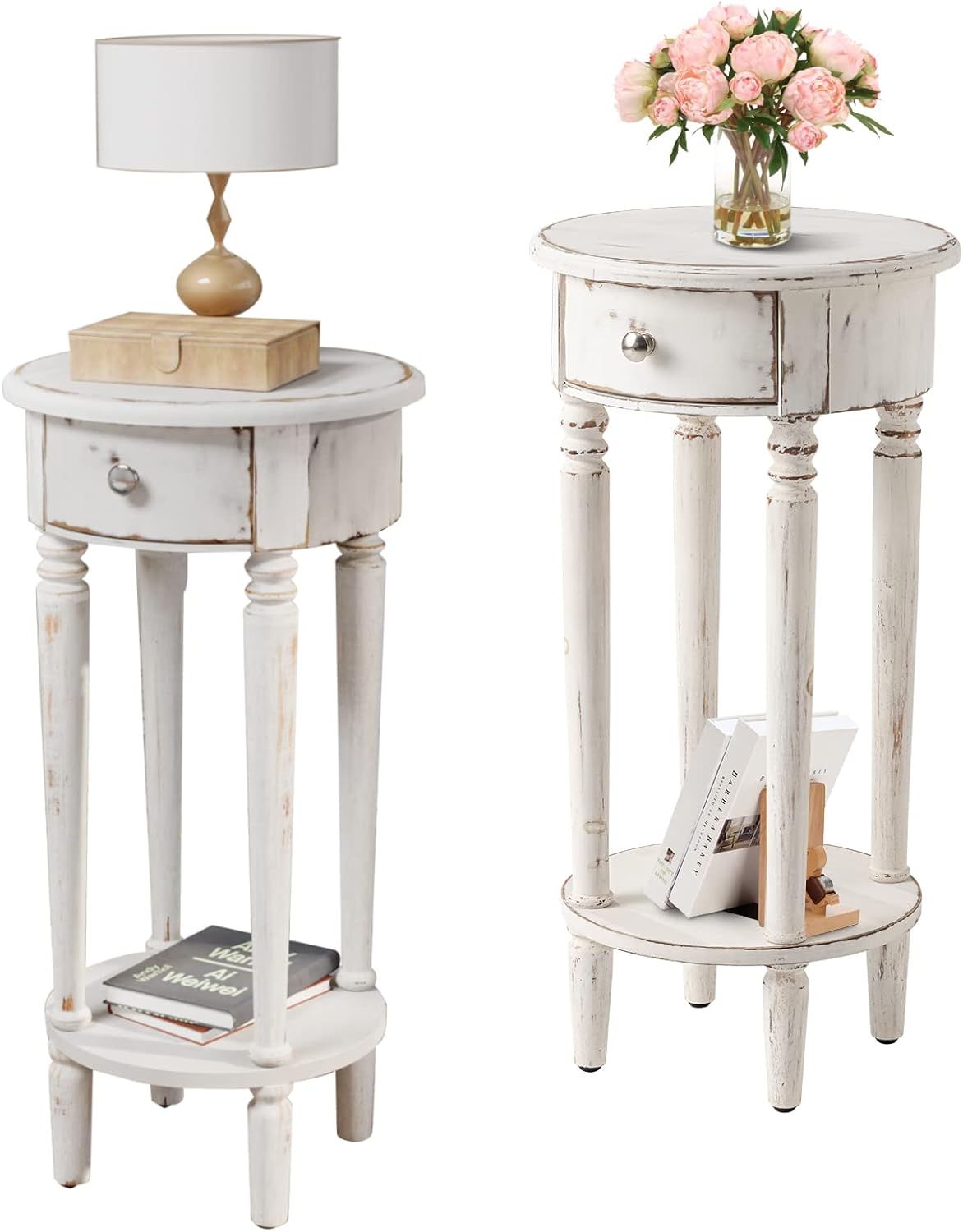 COSIEST Tall End Table with Drawer Sets of 2, Round Nightstand Bedside Table with Storage Shelf