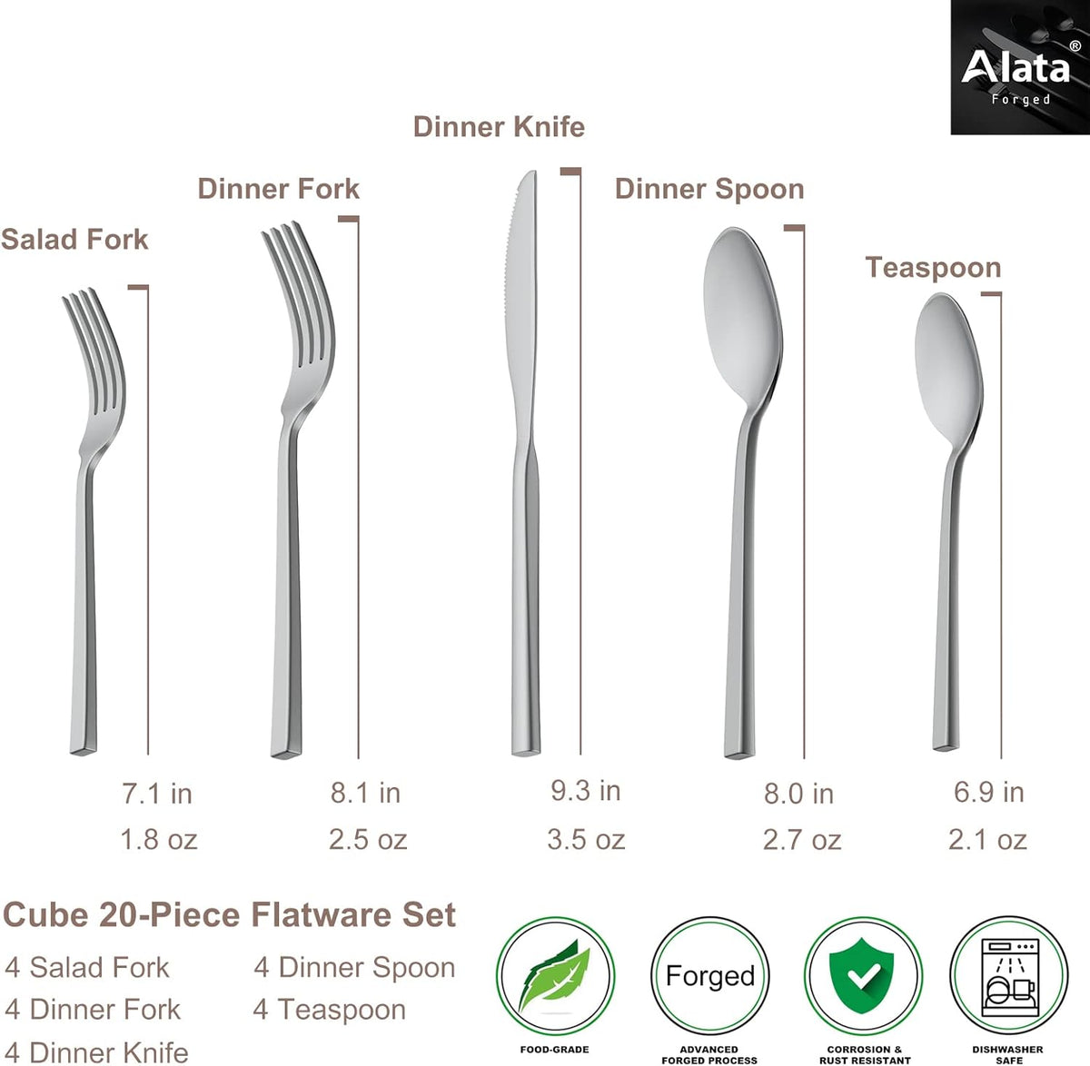 Alata Cube 20-Piece Forged Stainless Steel Flatware Set Cutlery Set,Silverware Set Service for