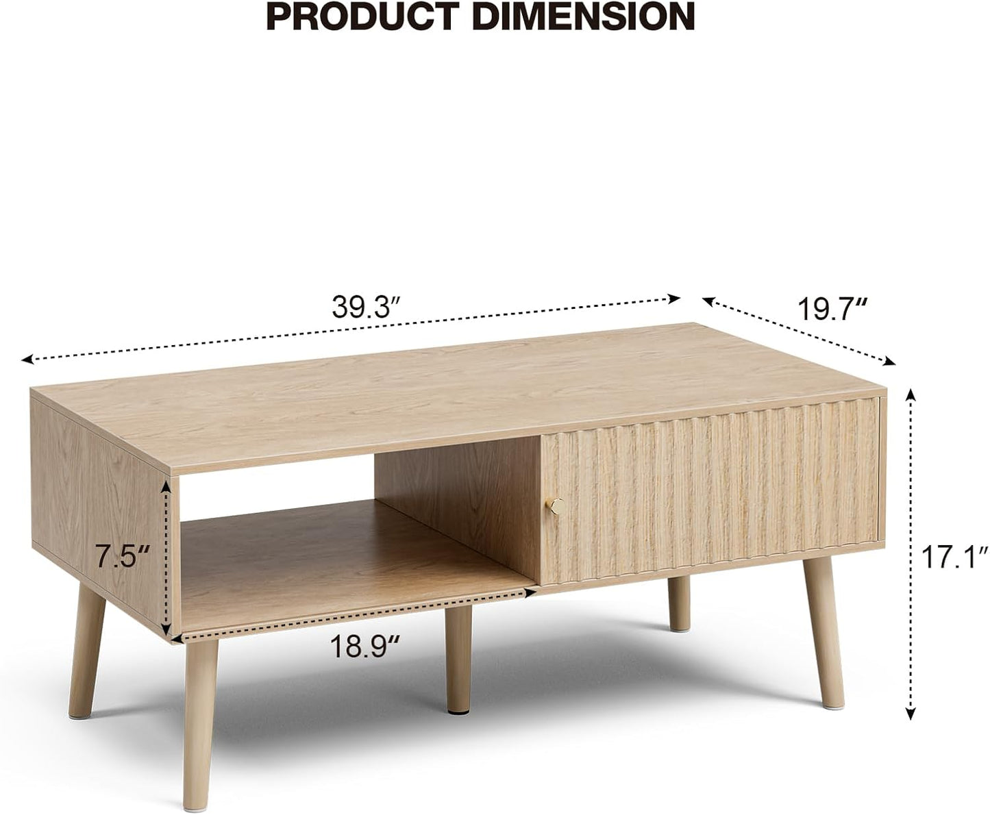 Coffee Table with Storage, Boho Dining Table with Sliding Fluted Door and Solid Wood Legs, Small